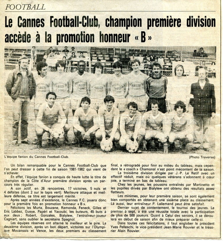 Photo de classe Cannes FC "Champion 1°Division" de 1982, Cannes